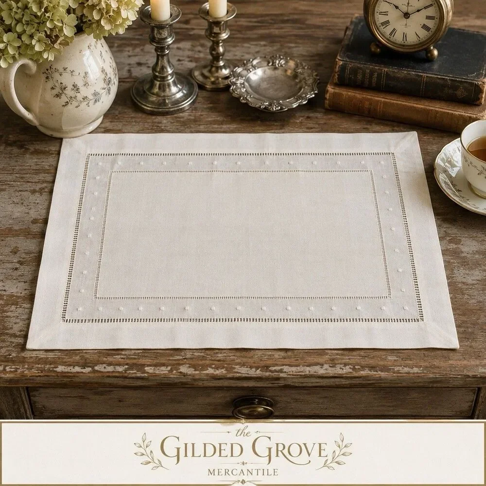 NEW Set of 6 Vintage Ivory Linen Hemstitched Embroidered Dot Placemats 12x16